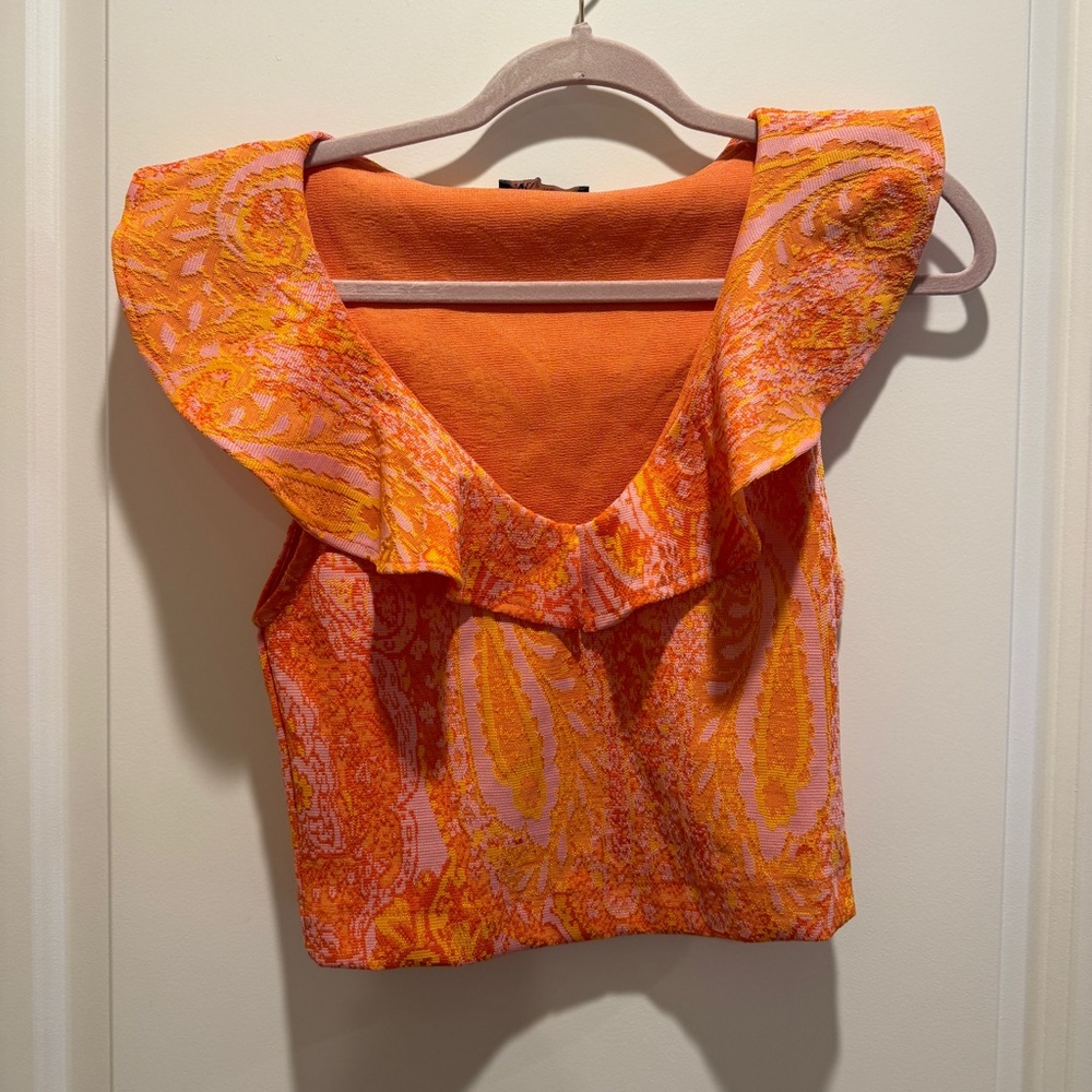 ZARA Rare Orange and Pink Floral Paisley Ruffled Sleeveless Blouse Size‎ Small - Picture 2 of 7